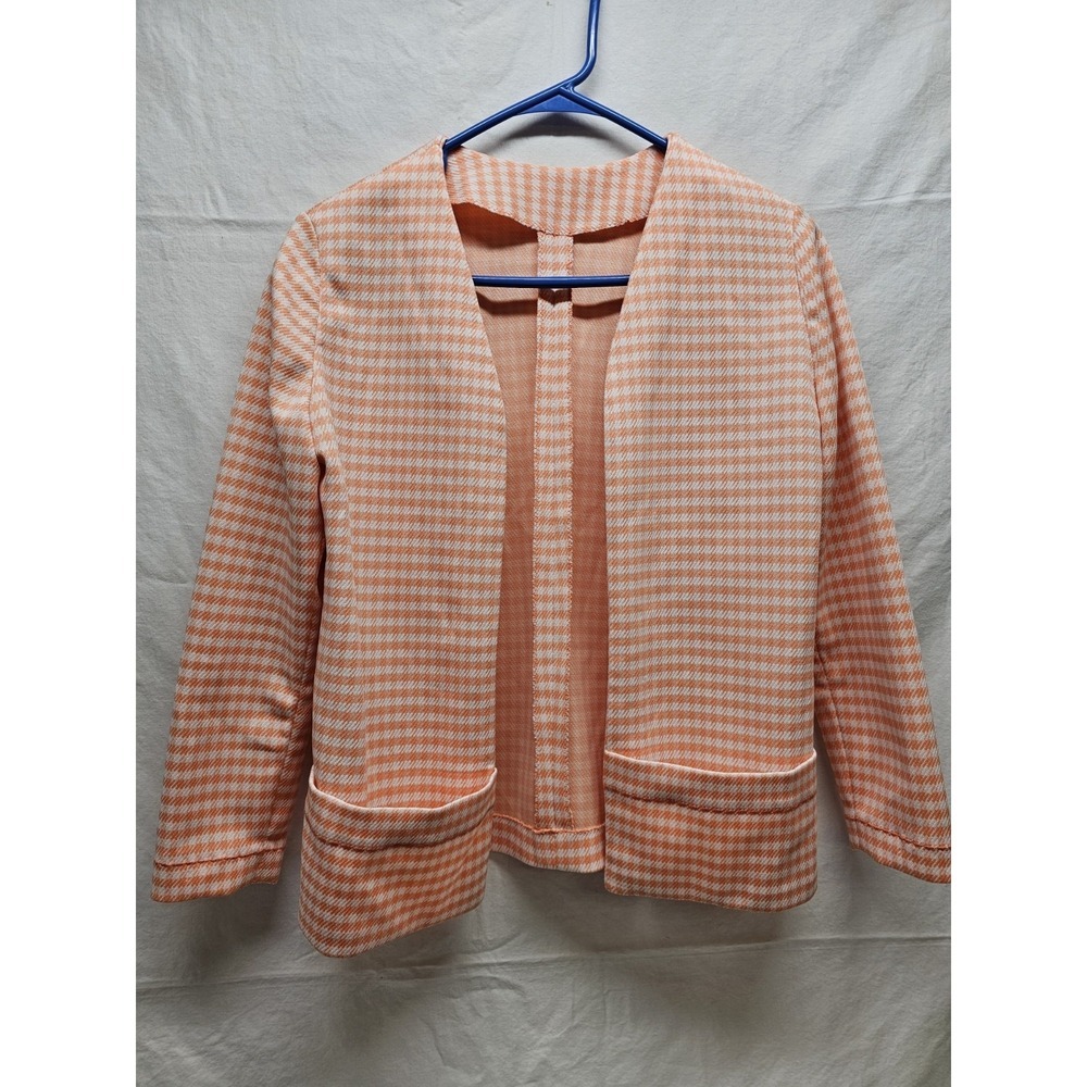 60'S VTG Mod Handmade ORANGE HOUNDSTOOTH plaid Fitted BLAZER Jacket